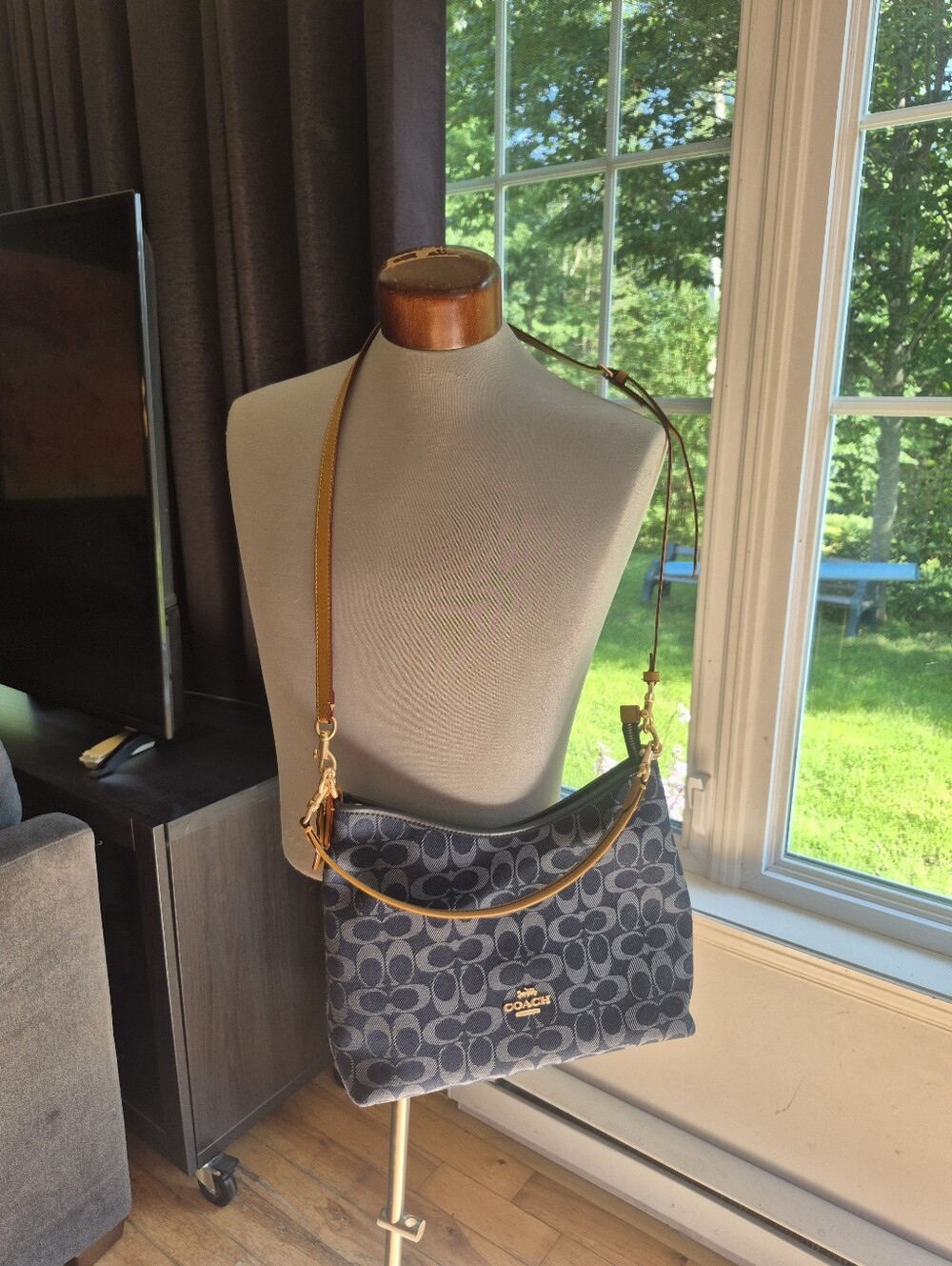 Navy Denim Signature Jacquard Shoulder Bag with Tan Straps